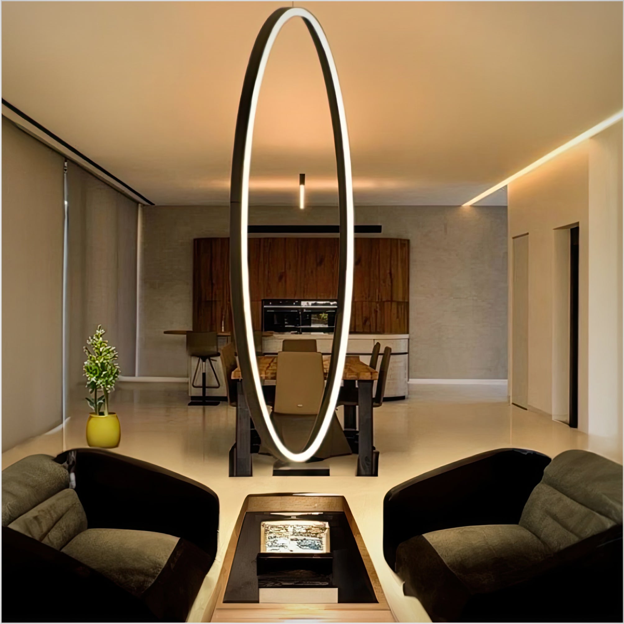 Vertical Large Round Chandelier with Slim LED Ring Pendant